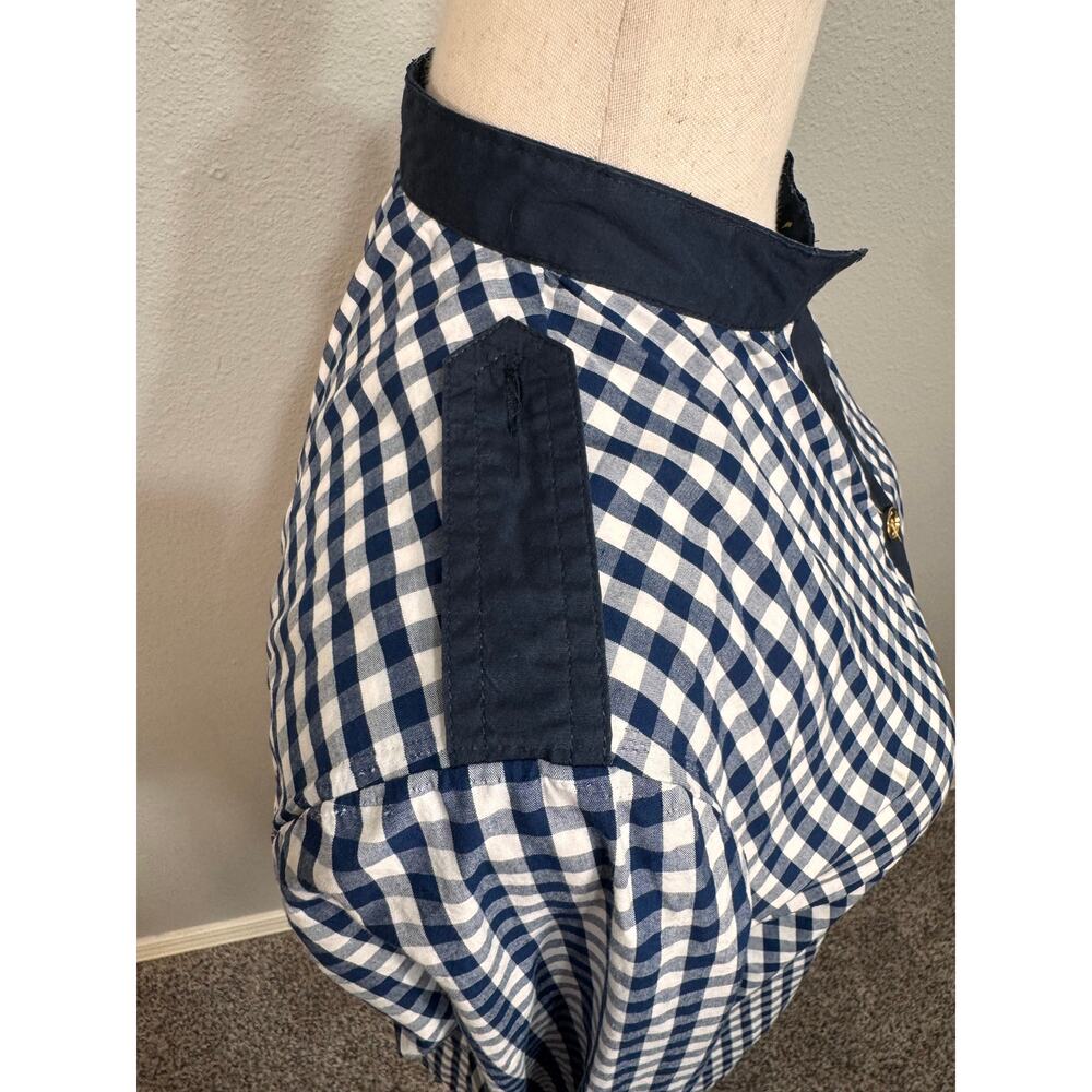 Tory Burch blouse navy blue white gingham long sleeve logo buttons epaulettes  6 - Picture 3 of 12